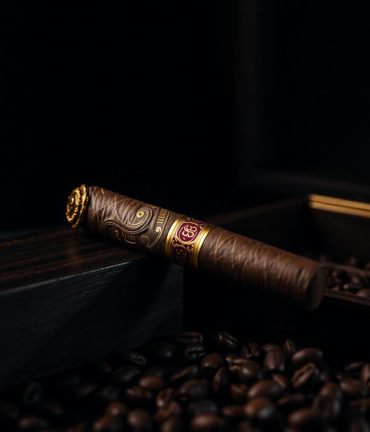 Premium hand-rolled cigar on a dark humidor